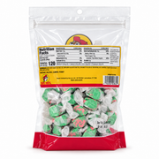 ck of Buc-ee’s Watermelon Salt Water Taffy bag showing nutrition facts, 120 calories per 3-piece serving, and ingredients