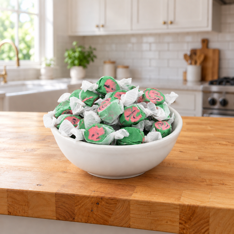 White bowl heaped with Buc-ee's Watermelon Saltwater Taffy in wax paper wrappers on a butcher block kitchen counter
