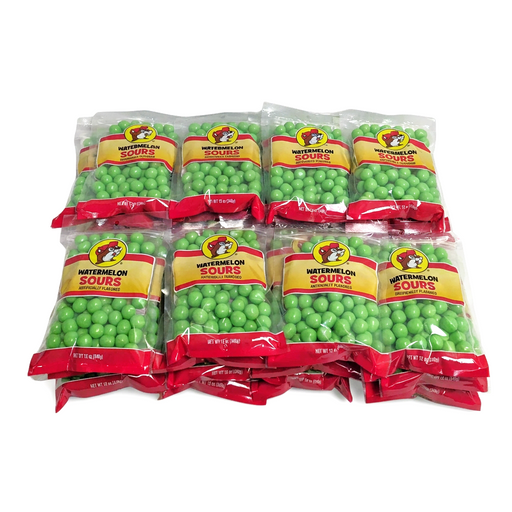 Buc-ee’s Watermelon Sours, a case of 32 clear 12 oz bags of round green sour candies for candy buffets and party favors