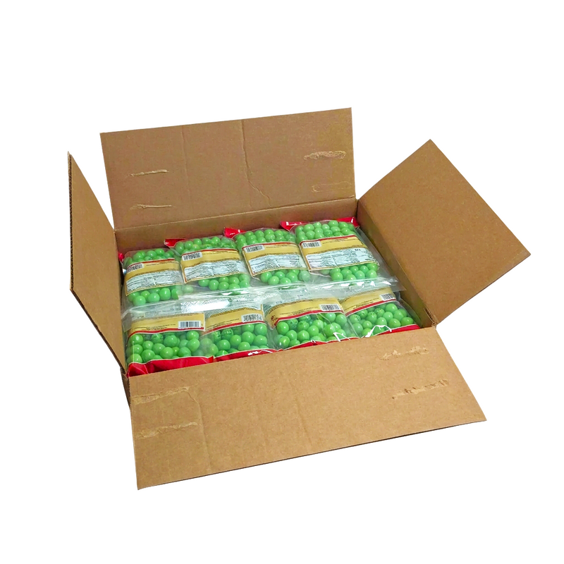 Buc-ee’s Watermelon Sours case, with 12 oz bags of green sour candies packed label-side up in an open shipping box