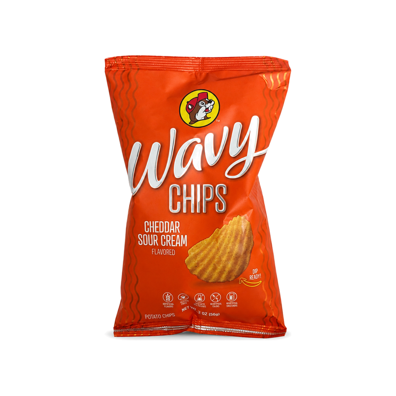 Orange 2 oz bag of Buc-ee's Wavy Chips in Cheddar Sour Cream flavor, front view on white