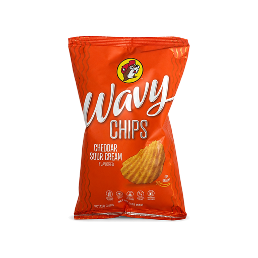Buc-ee's Wavy Chips in Cheddar Sour Cream flavor, a 2 oz orange bag of dip-ready ridged potato chips