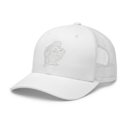 Buc-ee’s White Patch Trucker Hat with tonal white embroidered beaver logo, white mesh back, and curved brim