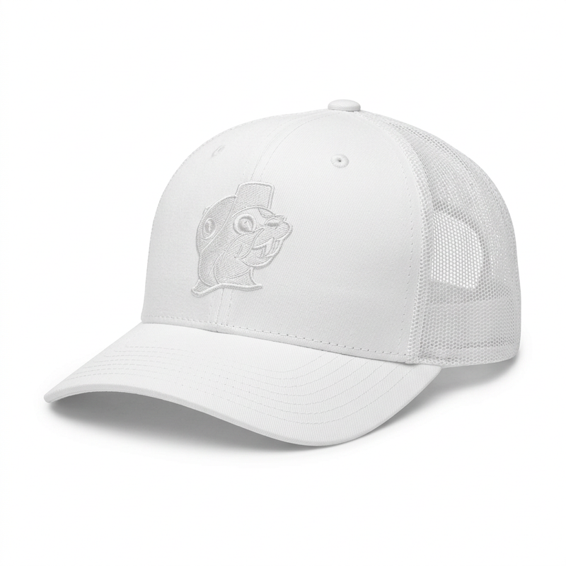 Buc-ee’s White Patch Trucker Hat with tonal white embroidered beaver logo, white mesh back, and curved brim
