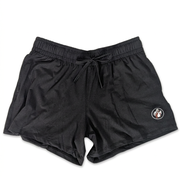 Buc-ee’s women’s black cloud shorts with an elastic drawstring waistband and a small round beaver logo on the leg
