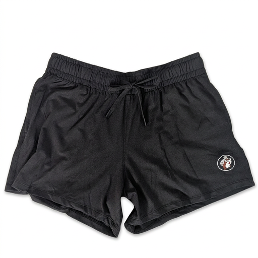 Buc-ee’s women’s black cloud shorts with an elastic drawstring waistband and a small round beaver logo on the leg