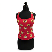 Buc-ee’s women’s red logo tankini top on a dress form, front view, showing the empire seam and fitted shape