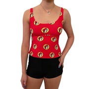 Buc-ee’s women’s red logo tankini top on a model, front view, styled with black swim shorts