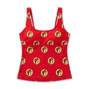 Buc-ee’s women’s tankini top in red with an all-over yellow beaver logo print, scoop neck, and wide straps