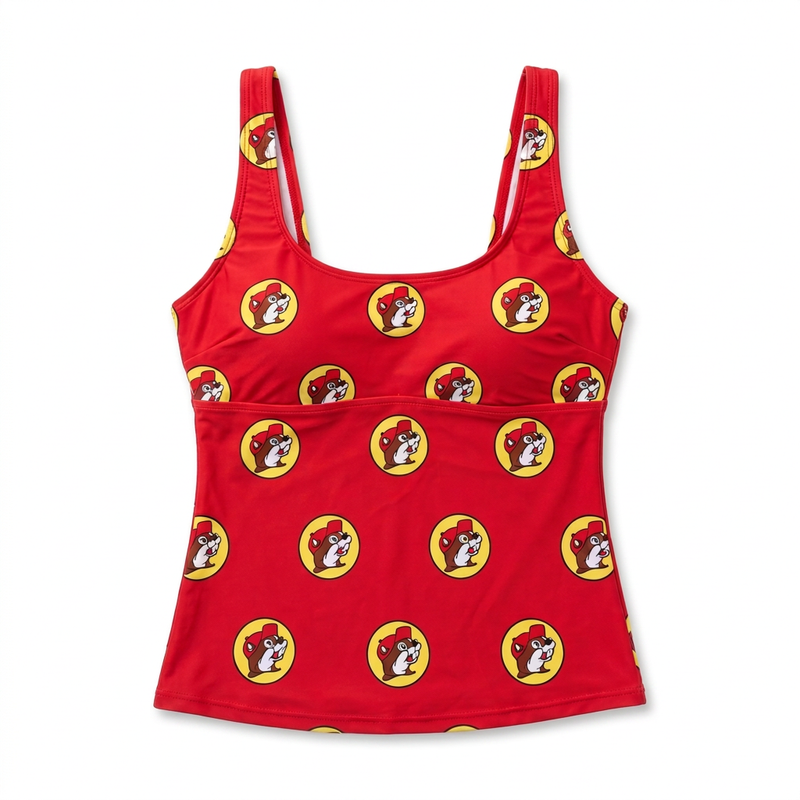Buc-ee’s women’s tankini top in red with an all-over yellow beaver logo print, scoop neck, and wide straps