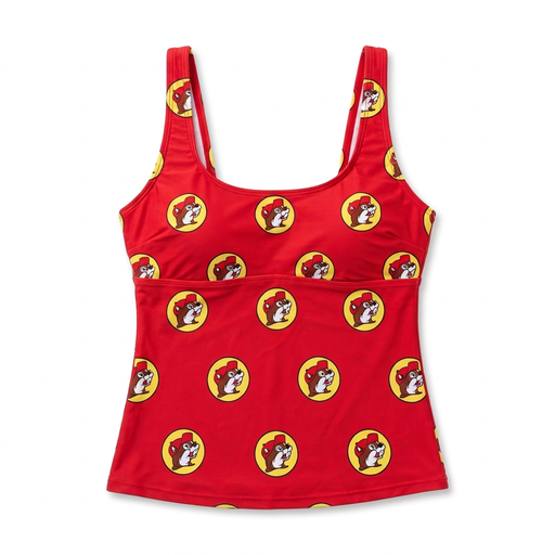 Buc-ee’s women’s tankini top in red with an all-over yellow beaver logo print, scoop neck, and wide straps