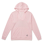 Buc-ee’s women’s V-neck pullover hoodie in light pink with kangaroo pocket and small round beaver logo patch