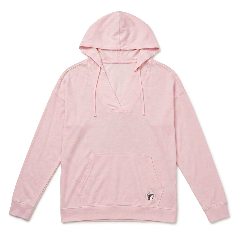 Buc-ee’s women’s V-neck pullover hoodie in light pink with kangaroo pocket and small round beaver logo patch