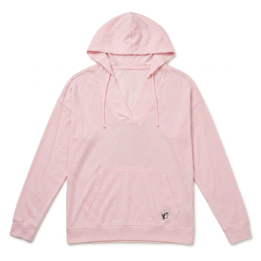 Buc-ee’s women’s V-neck pullover hoodie in light pink with kangaroo pocket and small round beaver logo patch