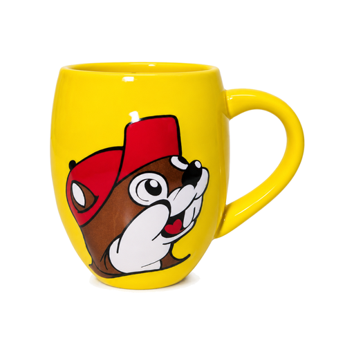 Buc-ee's yellow ceramic barrel mug with the cheerful beaver mascot in a red cap and a large curved handle