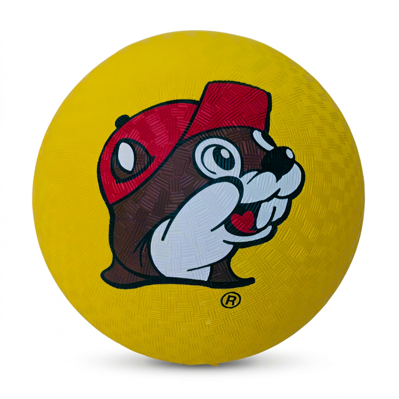 Buc-ee’s yellow rubber dodgeball with a textured grip surface and the red-capped beaver mascot printed on the side