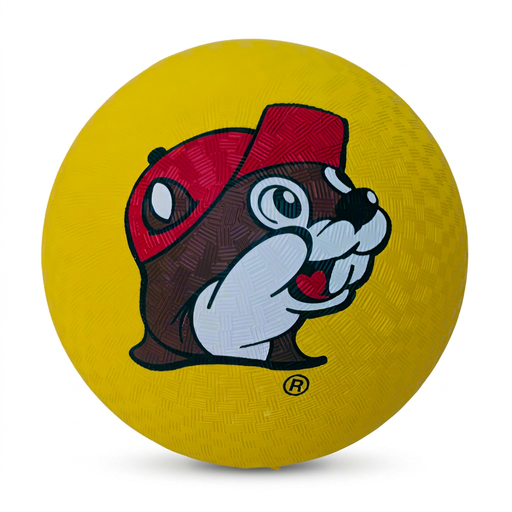 Buc-ee’s yellow rubber dodgeball with a textured grip surface and the red-capped beaver mascot printed on the side