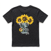 Buc-ee’s youth sunflower T-shirt back print: three sunflowers in a mason jar with white “Enjoy the little things”