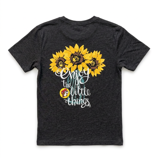 Buc-ee’s youth sunflower T-shirt back print: three sunflowers in a mason jar with white “Enjoy the little things”