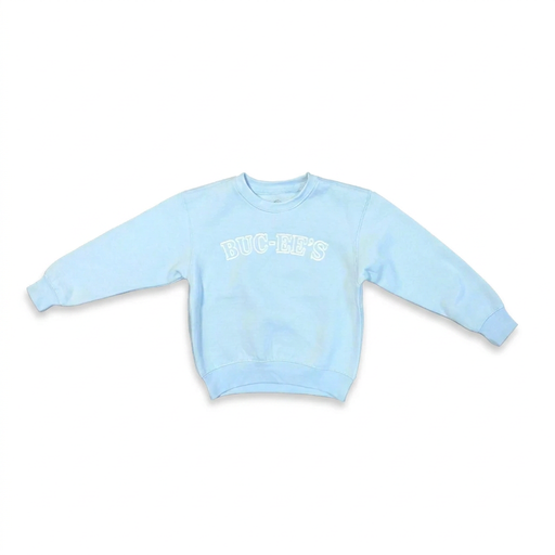 Buc-ee’s youth girls’ crewneck sweater in pale blue with white arched lettering and ribbed cuffs, front view