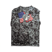 youth gray camo performance long sleeve shirt with a large American flag and Buc-ee’s beaver mascot graphic