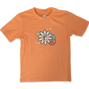 Front of Buc-ee’s youth I Deserve a Little Treat shirt in coral with beaver in a daisy, flowers, and peace sign.
