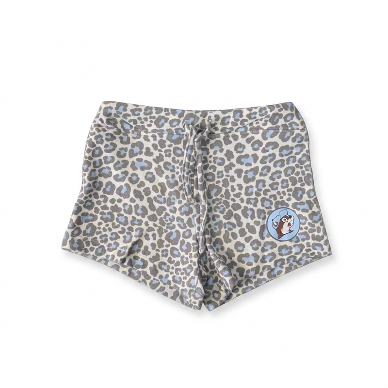 Buc-ee’s youth leopard lounge shorts in a cream, gray, and light blue print with a drawstring waist and small beaver logo