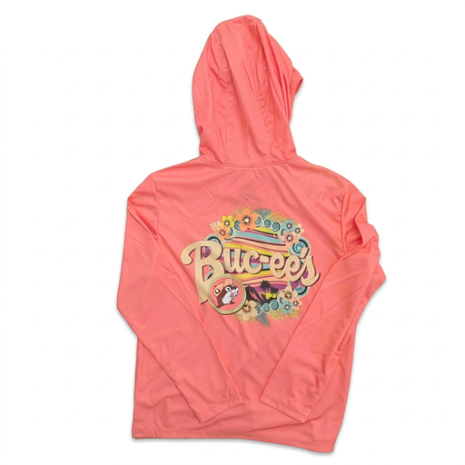 Buc-ee’s youth performance hoodie shirt in coral with a tropical print of hibiscus, palm trees, and script logo