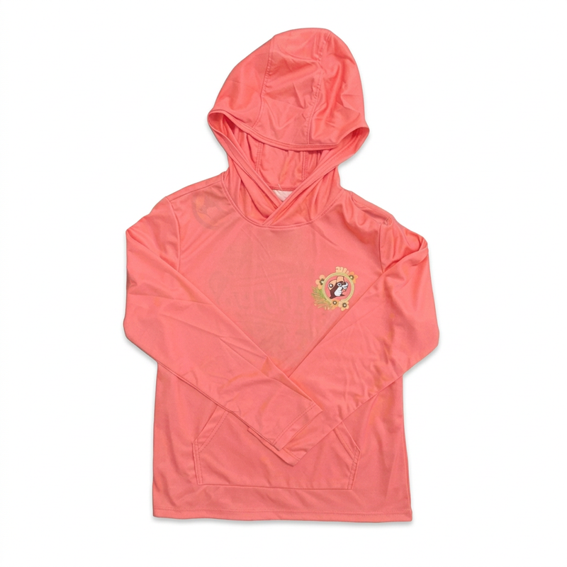 Buc-ee’s youth performance hoodie shirt in coral with a small floral beaver chest logo and kangaroo pocket
