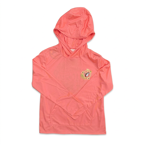 Buc-ee’s youth performance hoodie shirt in coral with a small floral beaver chest logo and kangaroo pocket