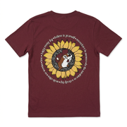 Back of Buc-ee’s Youth Sunflower Positivity T-shirt in maroon with beaver in a sunflower and a ring of uplifting phrases
