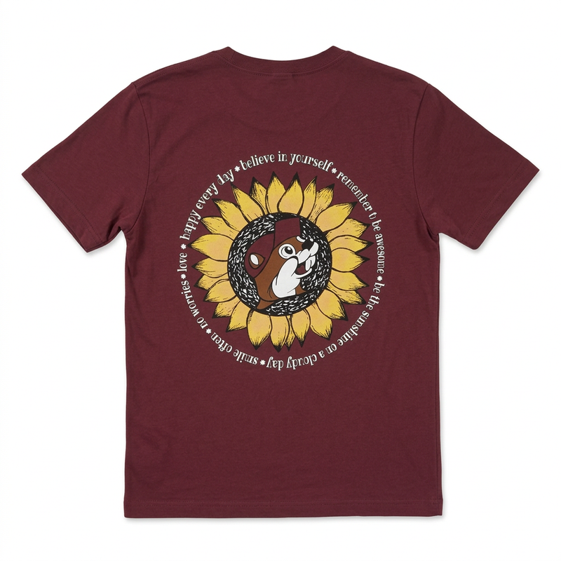 Back of Buc-ee’s Youth Sunflower Positivity T-shirt in maroon with beaver in a sunflower and a ring of uplifting phrases