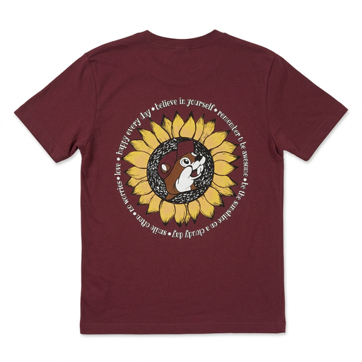 Back of Buc-ee’s Youth Sunflower Positivity T-shirt in maroon with beaver in a sunflower and a ring of uplifting phrases