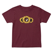 Buc-ee’s Youth Sunflower Positivity T-shirt in maroon with beaver peeking from a trio of sunflowers, front view