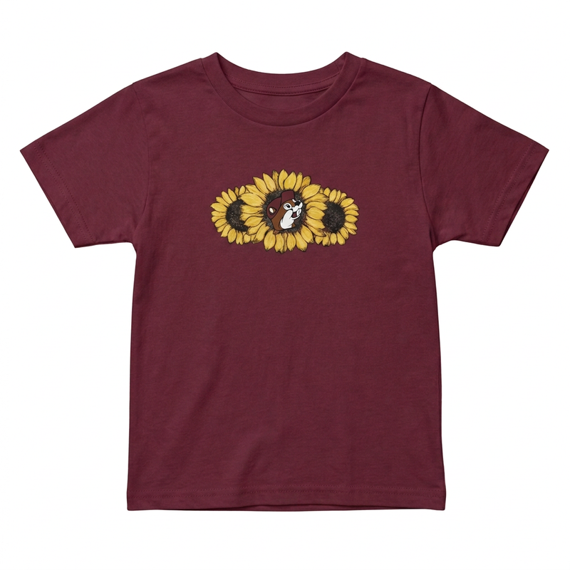 Buc-ee’s Youth Sunflower Positivity T-shirt in maroon with beaver peeking from a trio of sunflowers, front view