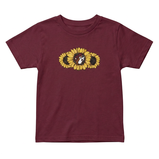Buc-ee’s Youth Sunflower Positivity T-shirt in maroon with beaver peeking from a trio of sunflowers, front view