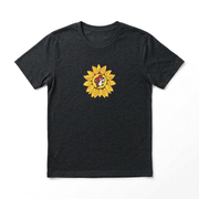 Buc-ee’s youth sunflower T-shirt in dark heather with the beaver logo set in a yellow sunflower