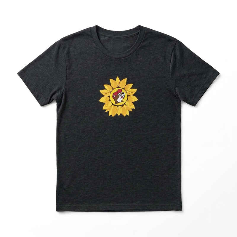 Buc-ee’s youth sunflower T-shirt in dark heather with the beaver logo set in a yellow sunflower