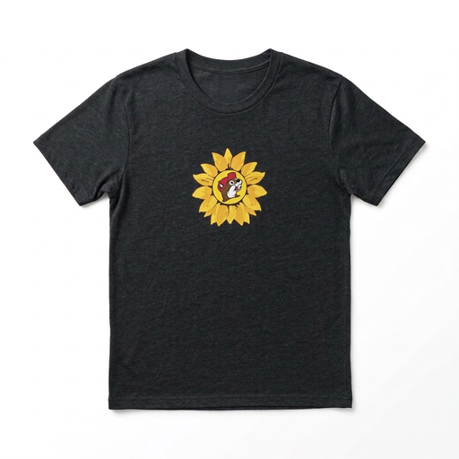 Buc-ee’s youth sunflower T-shirt in dark heather with the beaver logo set in a yellow sunflower