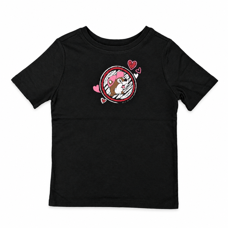 Buc-ee's youth Valentine's crewneck T-shirt in black with a pink-cap beaver logo and hearts on the front for kids