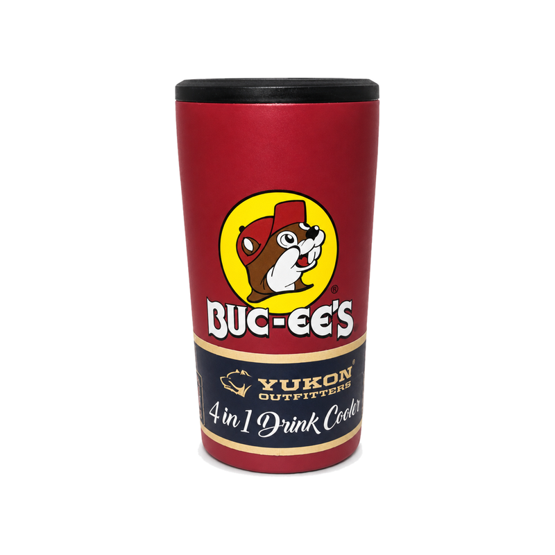 Buc-ee's 4 in 1 Drink Cooler by Yukon Outfitters in red with a black lid, yellow beaver logo, and navy retail band