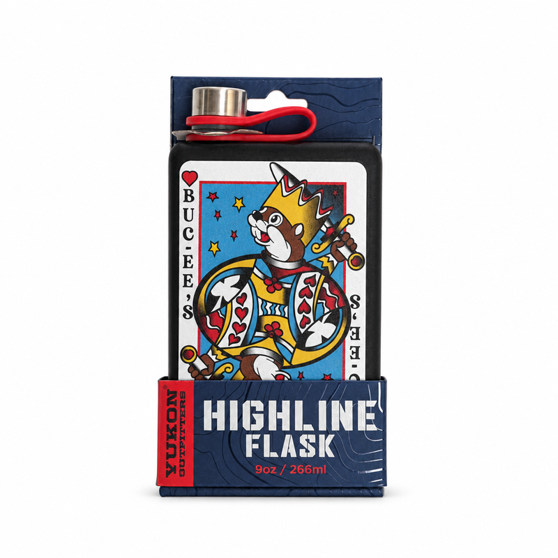 Buc-ee's x Yukon Outfitters Highline Flask, 9 oz black flask with beaver king playing card design, in retail packaging