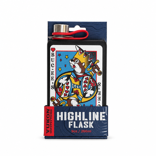 Buc-ee's x Yukon Outfitters Highline Flask, 9 oz black flask with beaver king playing card design, in retail packaging