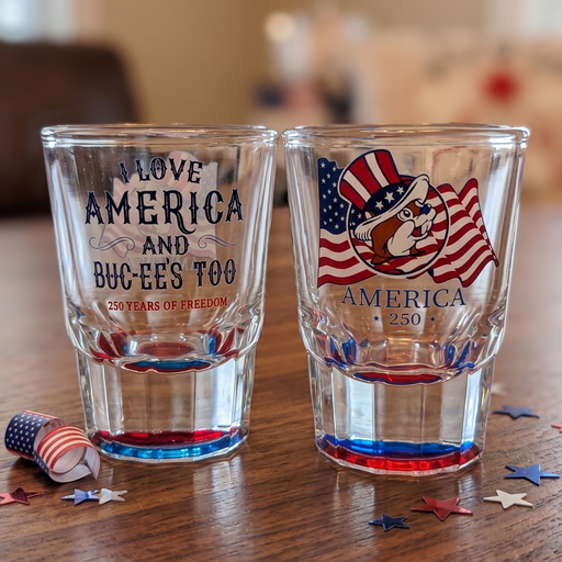 Two shot glasses with patriotic designs on a wooden surface.