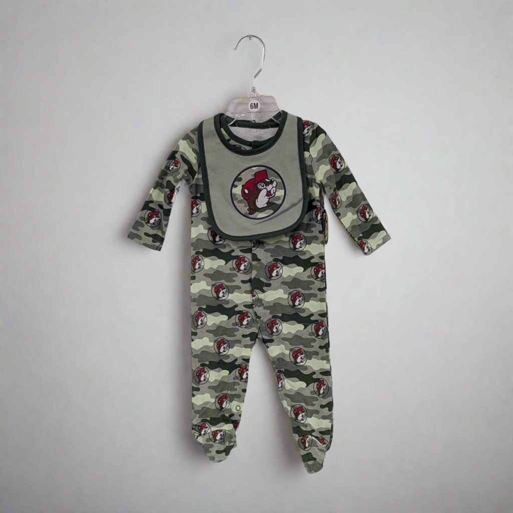 The green camo sleeper with matching bib on a hanger