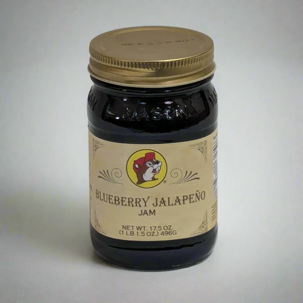 a 17.5 oz jar of blueberry jalapeno jam from Buc-ee's