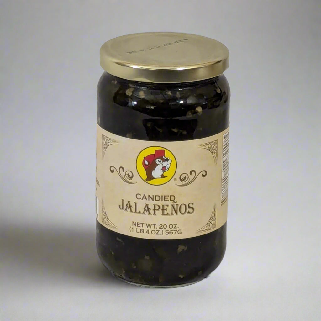 a 20 oz jar of candied jalapenos from Buc-ee's