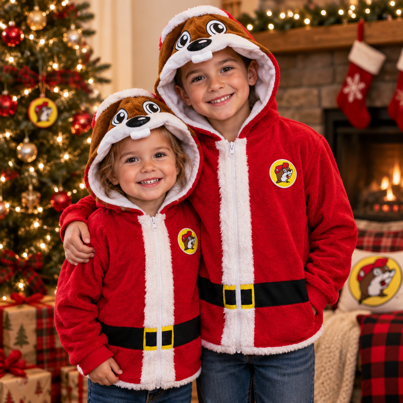 Two smiling kids by a Christmas tree in red Santa Buc-ee hooded jackets
