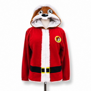 Adult red Santa Buc-ee zip hoodie with fur trim and Buc-ee the Beaver face hood on a stand