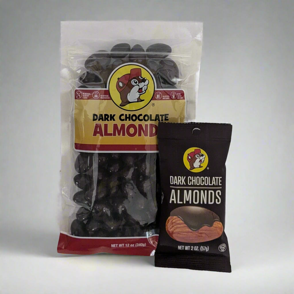 2oz and 12oz bags of dark chocolate almonds from Buc-ee's